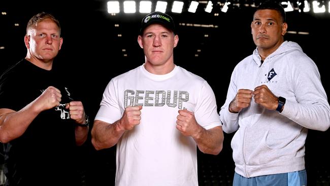 Gallen with his Brisbane opponents Justin Hodges and Ben Hannant.