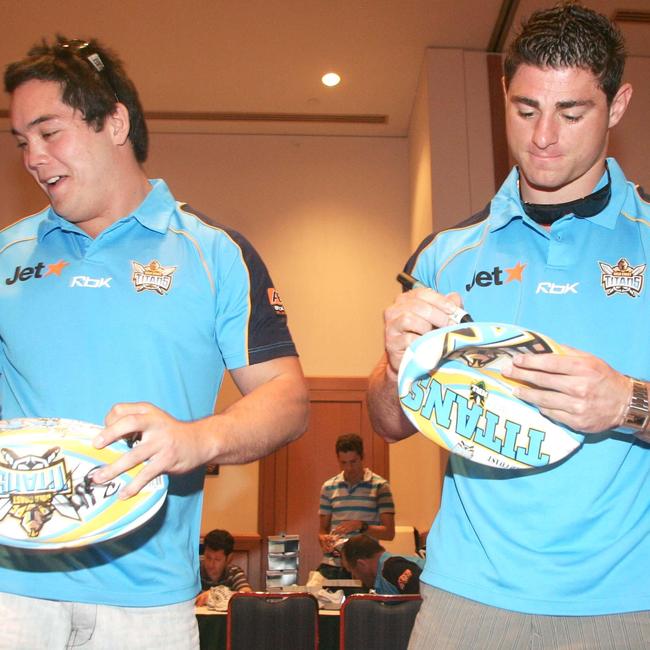 SPORT 6/11/2006 Gold Coast Titans Rugby League team players on show for the media at Royal Pines Resort. L to R Daniel Conn, Eddie Harrison and Mark Minichiello