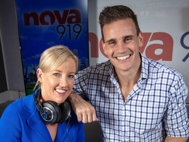 Andrew Hayes, right, with Nova breakfast co-host Jodie Oddy. Picture: Emma Brasier