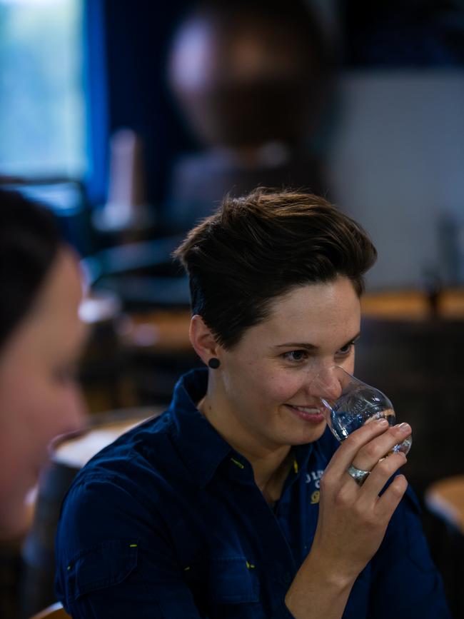 Head Distiller at Sullivan's Cove Distillery Heather Tillott participating in a periodic tasting with colleagues. Photo: Chris Crerar