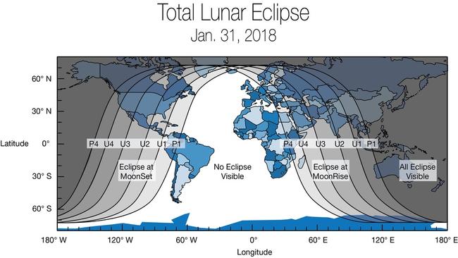 Global map showing areas of the world that will experience (weather permitting) the super blue blood moon. Picture: NASA