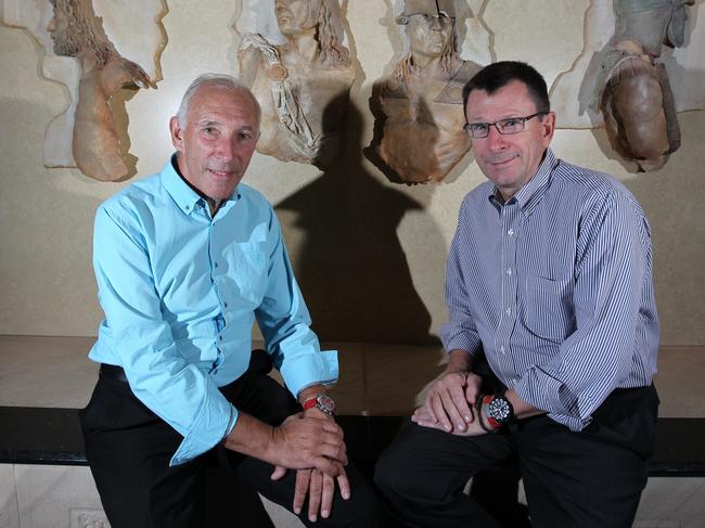 Cycling commentators Phil Liggett and Paul Sherwen at the SA Press Club Luncheon.