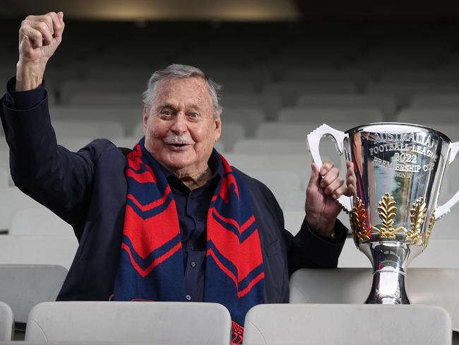 Finals are back the MCG. Football legend Ron Barassi is looking forward for his beloved Melbourne Demons to take home the 2022 Premiership Cup. Ron holds the 2022 AFL Premiership Cup on the MCG.               Picture: David Caird