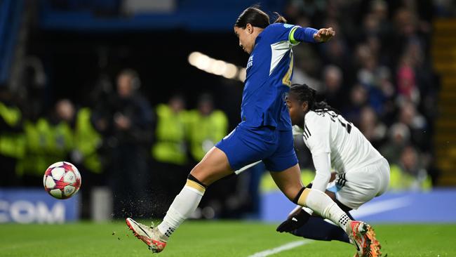 Sam Kerr scores Chelsea's second goal against Paris FC at Stamford Bridge. Picture: Getty Images