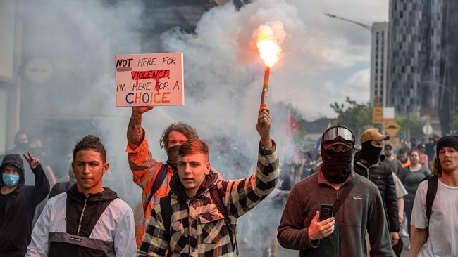 Anti-Lockdown and anti-vax protesters march in Melbourne. Picture: Jason Edwards