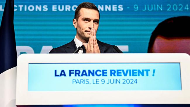 French far-right Rassemblement National (RN) party president Jordan Bardella addresses supporters on the final day of the European Parliament election. Picture: AFP.