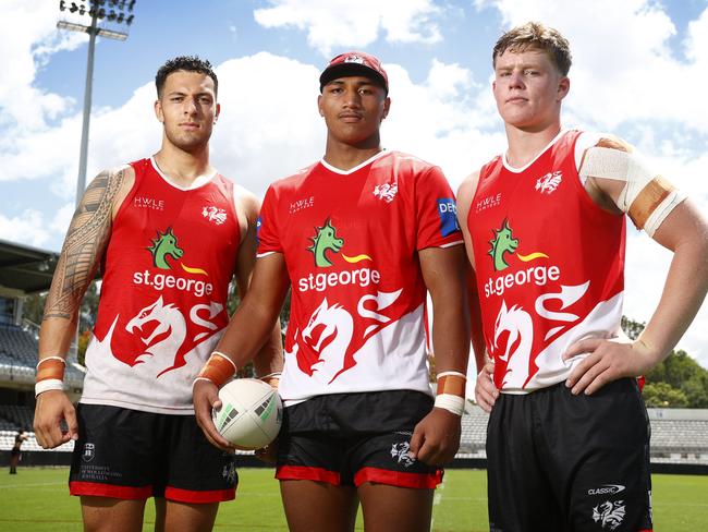 WEEKEND TELEGRAPH 1ST DECEMBER 2023Pictured at Netstrata Jubilee Stadium in Kogarah are young St George NRL players Jett Liu, Loko Pasifiki Tonga and Hamish Stewart, ahead of the 2024 NRL season.Picture: Richard Dobson