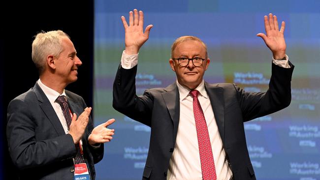 Andrew Giles, left, and Anthony Albanese at the ALP national conference in Brisbane in 2023. Picture: Dan Peled / NCA NewsWire