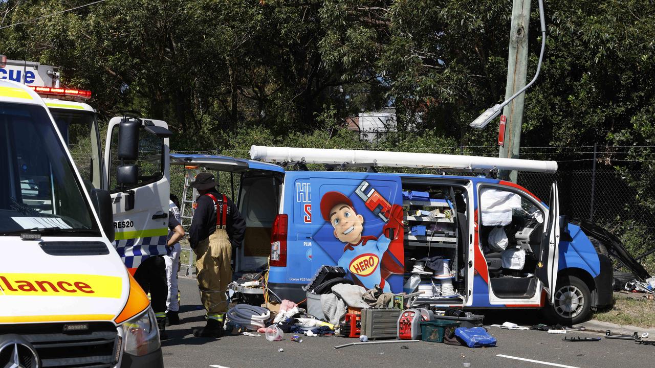 A woman was trapped in a van after it crashed into a power pole in Sydney’s east. Picture: NewsWire / Damian Shaw