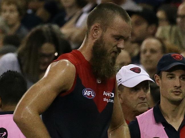 AFL Geelong Cats vs. Melbourne (ES) (T) Max Gawn walks towards the bench  after injuring his leg 2nd term Picture:Wayne Ludbey