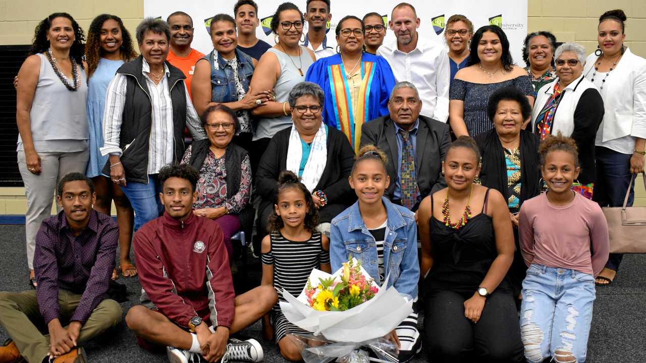 Justine Willie, Malcolm Mann, Psalmoi Gristwood, Antonio Mann, Velma Harwood, Janine Mann, Charlene Mann, Dr Melinda Mann, Terry Lloyd, Alayas Wallace, Shekinah Gristwood, Kristina Hatfield, Shanda Mann, Nhaya Nicky Hatfield, Aunty Joy Williams, Betty-Mae Mann, Robert Mann Snr, Meg Warcon, Jackman Yasso, Lionel Mann, Di Lusiana Pearson, Nuatufi Mann, Reggi Yasso and Angel Yasso at CQUniverity's graduation ceremony yesterday. Picture: Jann Houley