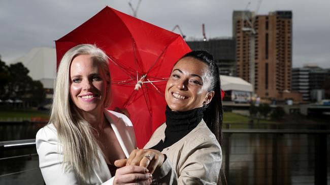 Karlea Williams proposed to Chilean international Maria Jose Rojas in Paris after her FIFA women's World Cup was over. Here the are together beneath the Adelaide Oval footbridge. Picture: Sarah Reed