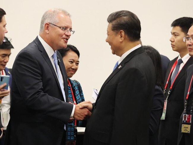 Scott Morrison greets Chinese leader Xi Jinping in Osaka, Japan.