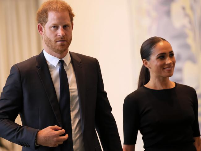 NEW YORK, NEW YORK - JULY 18:  Prince Harry, Duke of Sussex and Meghan, Duchess of Sussex arrive at the United Nations Headquarters on July 18, 2022 in New York City. Prince Harry, Duke of Sussex is the keynote speaker during the United Nations General assembly to mark the observance of Nelson Mandela International Day where the 2020 U.N. Nelson Mandela Prize will be awarded to Mrs. Marianna Vardinogiannis of Greece and Dr. Morissanda KouyatÃÂ© of Guinea.  (Photo by Michael M. Santiago/Getty Images)