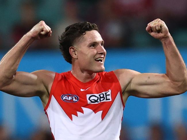 Hayden McLean enjoys a goal against the Crows. Picture: Jason McCawley/AFL Photos/via Getty Images