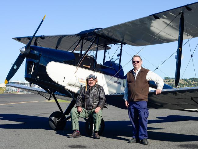 PER AERIAL MAIL: Retired builder and pilot Bill Finlen and Lismore Historian Geoff Wotherspoon with Mr Finlen's one of a kind Moth Major DH60M111 to be flown for the centenary re-enactment of Lismore's first sanctioned Airmail Lismore to Tenterfield.