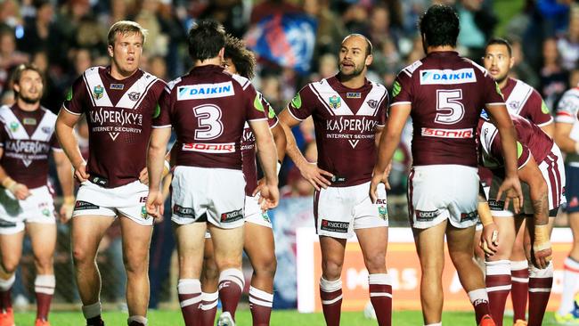 Manly players after a Brendan Elliot try for the Roosters during the Manly Sea Eagles v Sydney Roosters round 25 NRL game at Brookvale Oval. pic Mark Evans