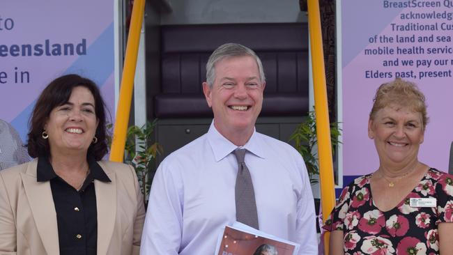 Thuringowa MP Natalie Marr, Minister for Health and Ambulance Services Tim Nicholls and breast imaging director Elizabeth Phillips have welcomed the Breastscreen QLD van to North Shore. Picture: Holly Fishlock.