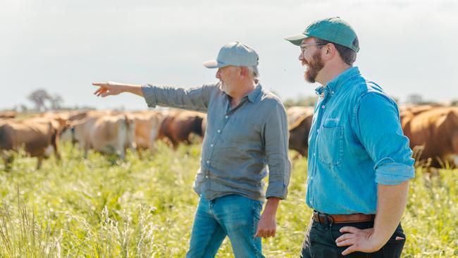 Dairy farmer Steve Arnold with Number8Bio founder Alex Carpenter at Messina's Numurkah dairy farm.