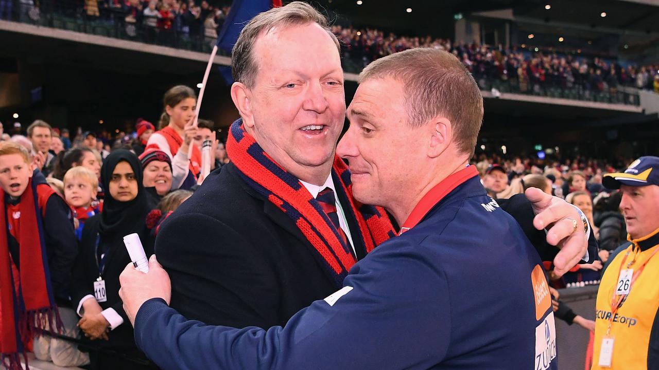 Glen Bartlett and Simon Goodwin celebrate a win while working together at Melbourne. Picture: Getty Images