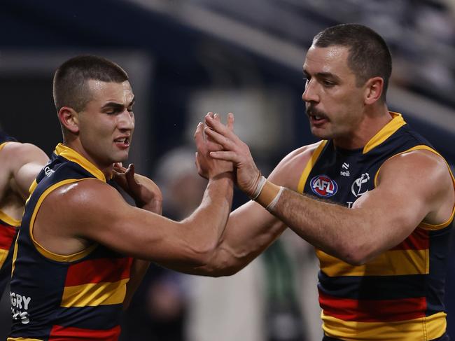 GEELONG, AUSTRALIA - AUGUST 03: Josh Rachele of the Crows celebrates a goal during the round 21 AFL match between Geelong Cats and Adelaide Crows at GMHBA Stadium, on August 03, 2024, in Geelong, Australia. (Photo by Darrian Traynor/Getty Images)