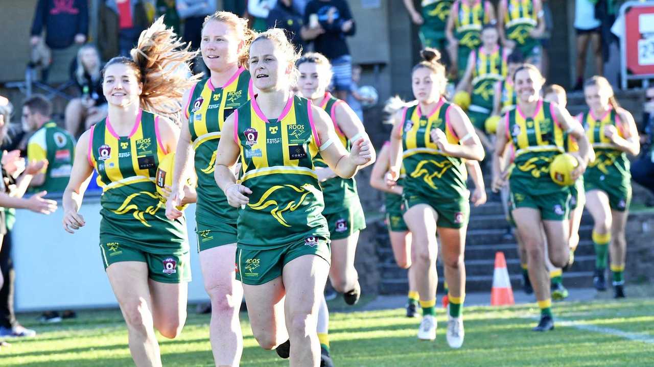 STANDING STRONG: Maroochydore Roos women run out for the White Ribbon round. Picture: Patrick Woods