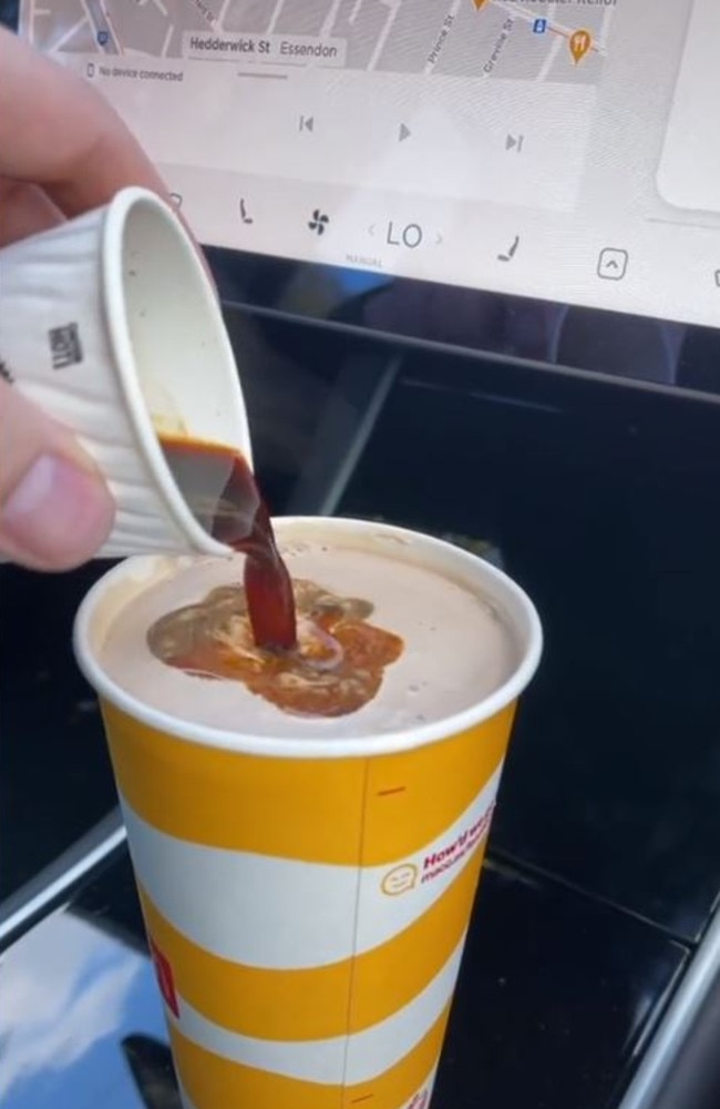 He mixed his with what appears to be a chocolate milkshake. Picture: TikTok/BradCanning