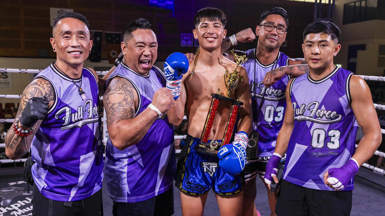 Jaiden Bartley (blue) takes the wins at the NT Fight Series XI at Ventia Stadium. Picture: Pema Tamang Pakhrin