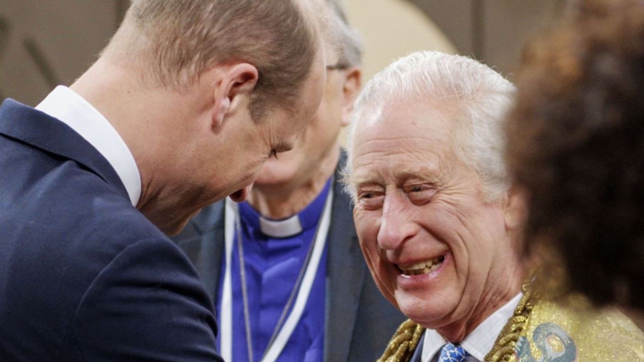 A still from the documentary shows King Charles and Prince William laughing during a coronation rehearsal. Picture: Supplied