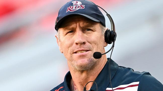 BRISBANE, AUSTRALIA - MARCH 19: Coach Brad Thorn of the Reds is seen during the warm-up before the round four Super Rugby Pacific match between Queensland Reds and Fijian Drua at Suncorp Stadium, on March 19, 2023, in Brisbane, Australia. (Photo by Bradley Kanaris/Getty Images)