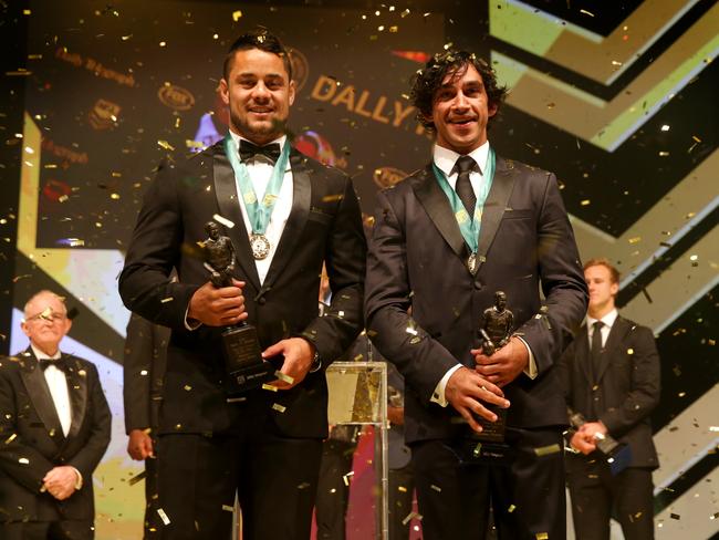 Dual winners of the Dally M medal Jarryd Hayne (L) and Johnathan Thurston. Picture Gregg Porteous