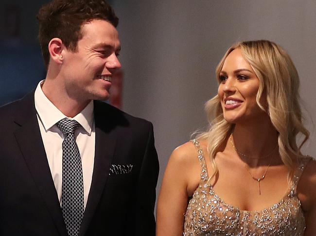 Brownlow Medal in Brisbane.   18/10/2020 . Brisbanes Lachie Neale and wife Julie arrive . Pic: Michael Klein