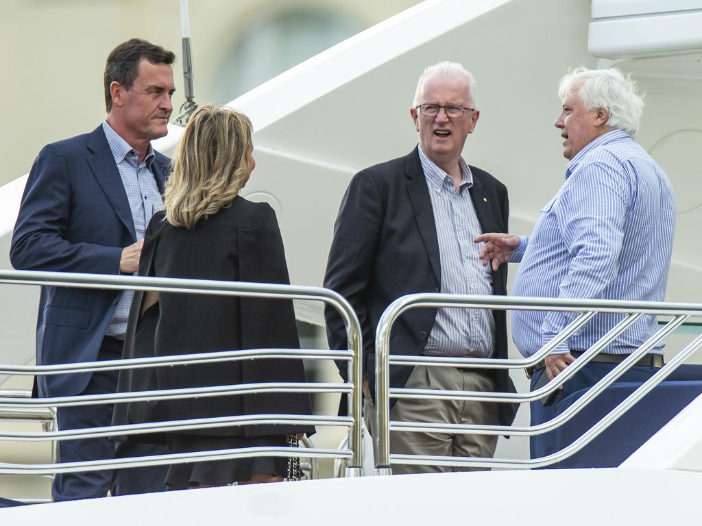 Clive Palmer (right) with Gary Spence (left) and Bruce McIver on his super yacht Nancy Jean in the Brisbane River. Picture: Mark Cranitch