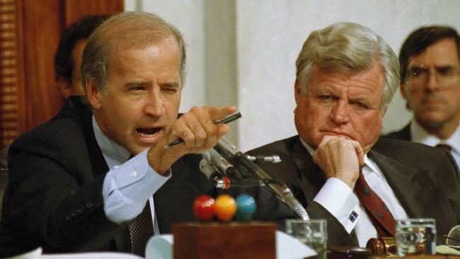 As Senator Edward Kennedy looks on, Joe Biden points angrily at Clarence Thomas during the hearings on Thomas' nomination to the Supreme Court. Picture: AP