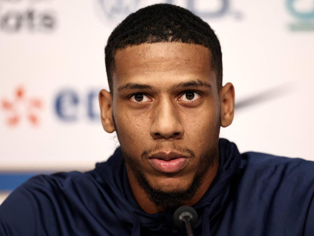 France's defender Jean Clair Todibo speaks during a press conference at Pierre-Mauroy stadium in Lille, northern France on October 16, 2023, on the eve of the friendly international football match between France and Scotland. (Photo by FRANCK FIFE / AFP)