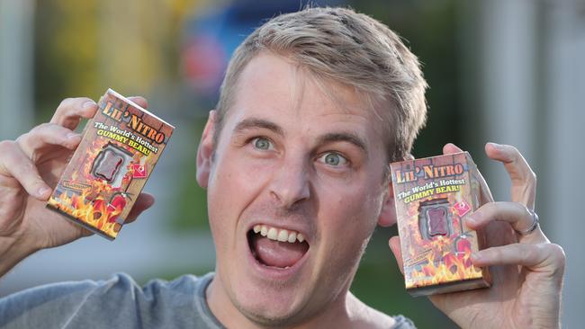 Daniel Wissmann is preparing to eat the world's hottest gummy bear with death chilli extract for Camp In for Camp Quality. Picture: Glenn Hampson