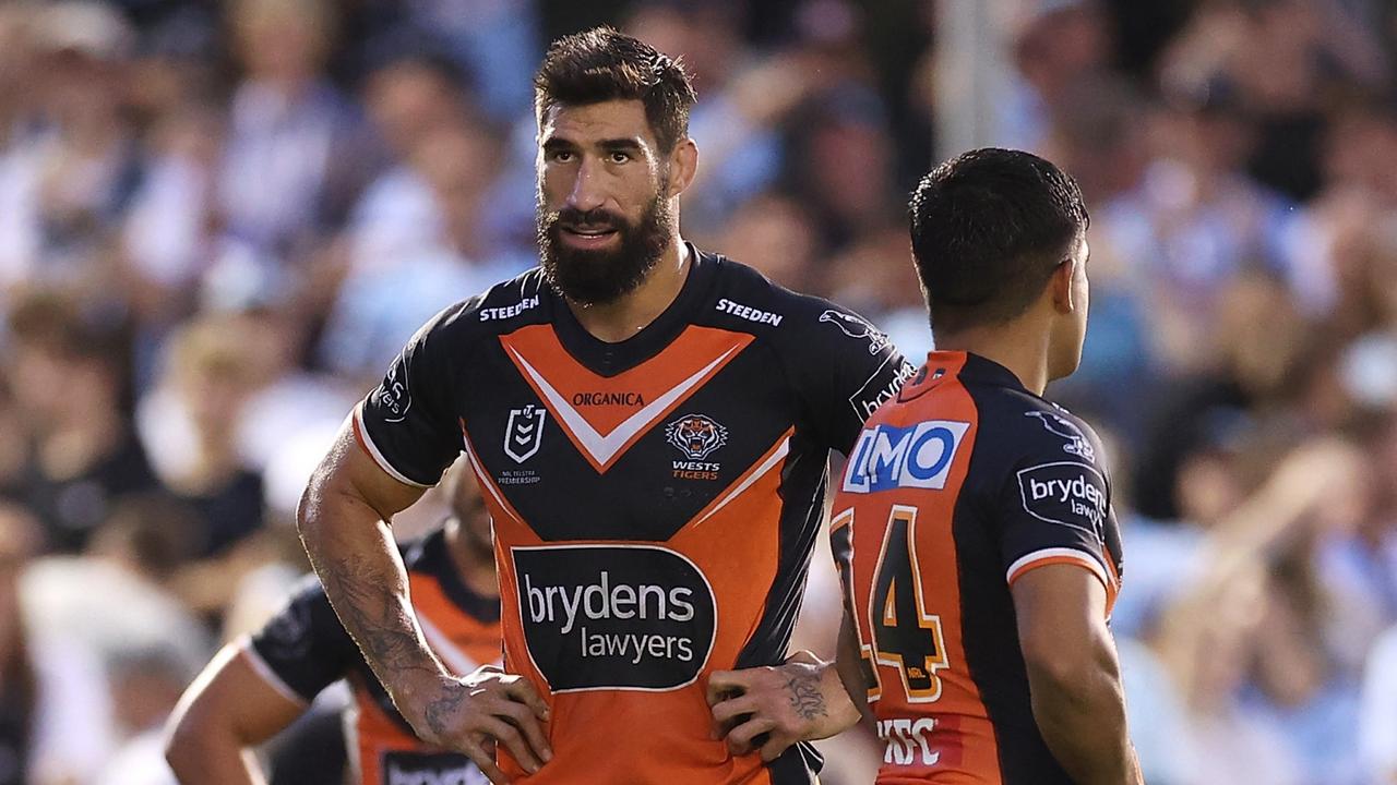SYDNEY, AUSTRALIA - APRIL 10: James Tamou of the Tigers and his team mates look dejected after a try during the round five NRL match between the Cronulla Sharks and the Wests Tigers at PointsBet Stadium, on April 10, 2022, in Sydney, Australia. (Photo by Mark Kolbe/Getty Images)
