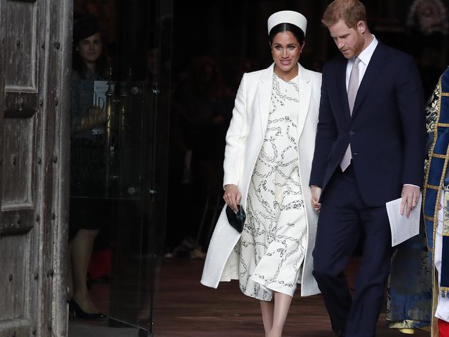 Parents-to-be Meghan, Duchess of Sussex, and Britain’s Prince Harry at the Commonwealth Service at Westminster Abbey on Commonwealth Day earlier this month. Picture: AP