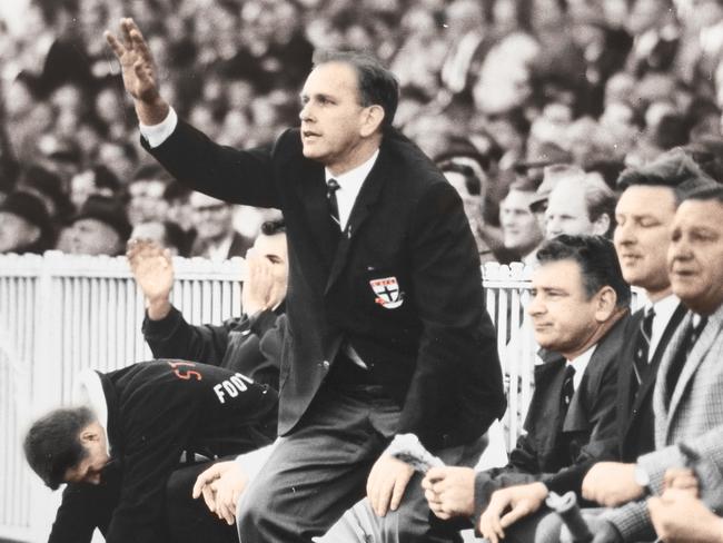 St Kilda coach Allen Jeans on the bench with unused reserve Kevin Billing to his right. Picture from “Celebrating 50 Years. 1966-2016. The Archive Collection”, which can be bought at stkilda.iconseriescollections.com or by calling 1800 736 096.