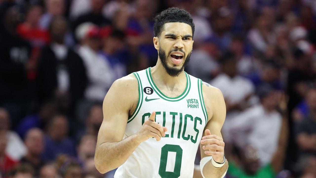 PHILADELPHIA, PENNSYLVANIA - MAY 11: Jayson Tatum #0 of the Boston Celtics celebrates a basket against the Philadelphia 76ers during the fourth quarter in game six of the Eastern Conference Semifinals in the 2023 NBA Playoffs at Wells Fargo Center on May 11, 2023 in Philadelphia, Pennsylvania. NOTE TO USER: User expressly acknowledges and agrees that, by downloading and or using this photograph, User is consenting to the terms and conditions of the Getty Images License Agreement. Tim Nwachukwu/Getty Images/AFP (Photo by Tim Nwachukwu / GETTY IMAGES NORTH AMERICA / Getty Images via AFP)
