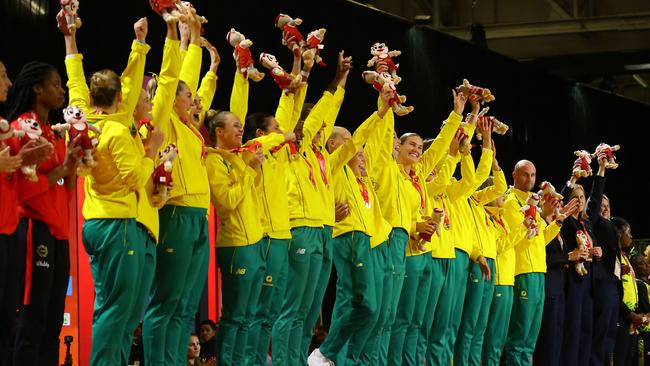 CAPE TOWN, SOUTH AFRICA - AUGUST 06: Australia celebrate during the Netball World Cup Medal Presentation at Cape Town International Convention Centre, Court 1 on August 06, 2023 in Cape Town, South Africa. (Photo by Ziyaad Douglas/Gallo Images/Netball World Cup 2023)