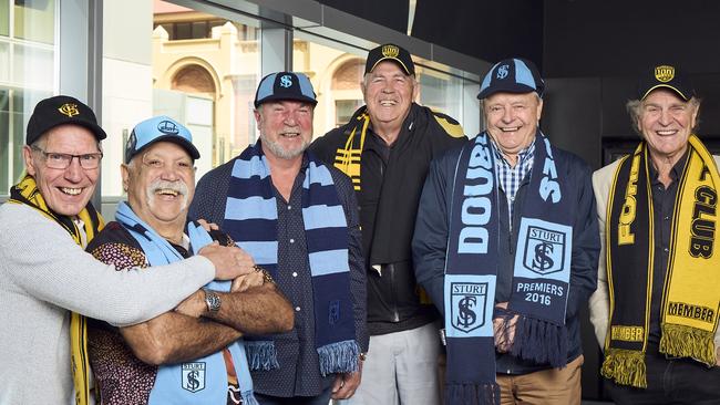 Neville Caldwell, Michael Graham, Robbert Klomp, Peter Carey, Phil 'Sandy' Nelson, and Graham Cornes in Adelaide, ahead of the SANFL grand final, Wednesday, Sept. 20, 2023. Picture: Matt Loxton