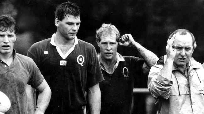 Wallabies (l-r) Simon Poidevin, Troy Coker and Jeff Miller with coach Alan Jones in 1987.