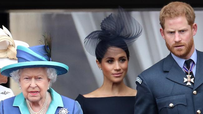 The Queen with Prince Harry, Duke of Sussex and Meghan, Duchess of Sussex on the balcony of Buckingham Palace as the Royal family in 2018. Picture: Chris Jackson/Getty Images