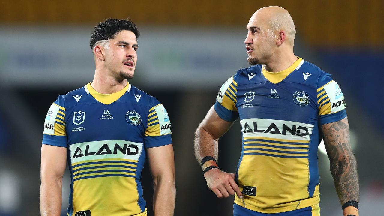 Dylan Brown and Blake Ferguson during the loss to Canberra. (Photo by Chris Hyde/Getty Images)