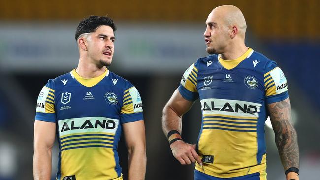 Dylan Brown and Blake Ferguson during the loss to Canberra. (Photo by Chris Hyde/Getty Images)