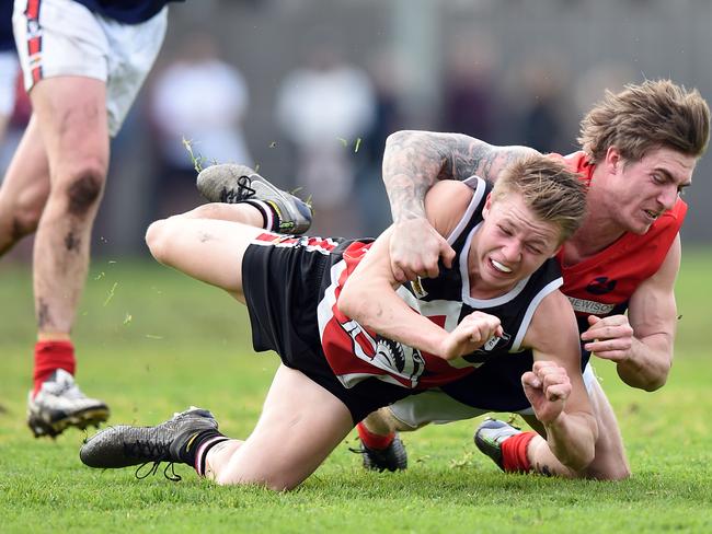 Peninsula FL: Bonbeach v Mt Eliza. Mt Eliza'a #42 Brodie Shaw tackles a BonBeach player to ground. Picture: Jason Sammon Saturday 6 August 2016