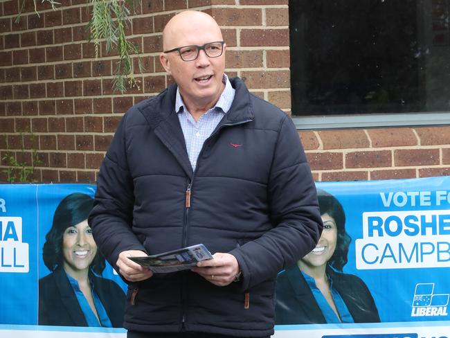 2023 Aston by-Election. Liberal party candidate Roshena Campbell campaigning at Lysterfield Primary School with Liberal party leader Peter Dutton. Saturday, April 1, 2023. Picture: David Crosling