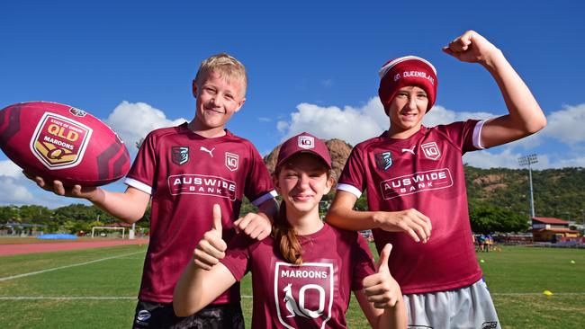 Byron Piggott, 13, Tayla Byrne, 13, and Baiden McBride, 13, gearing up for Townsville’s State of Origin.