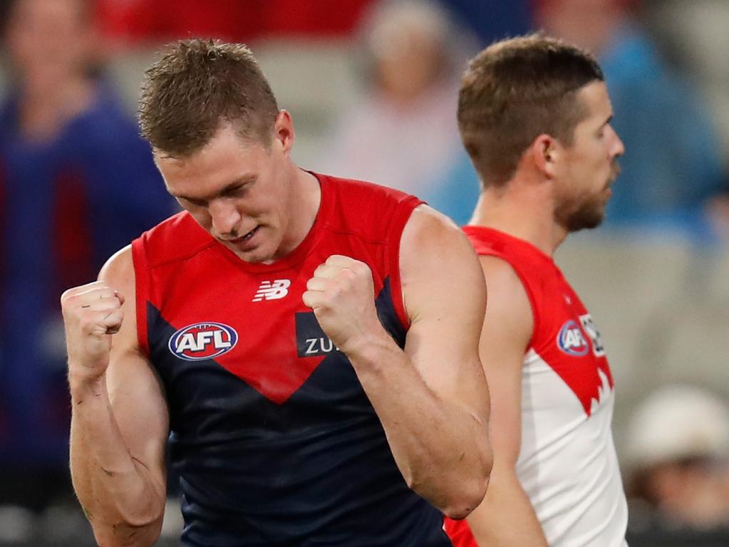 Tom McDonald of the Demons celebrates a goal.